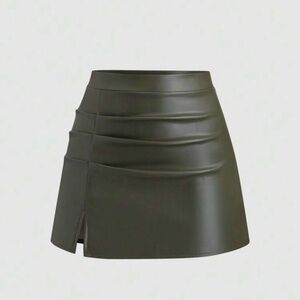🆕🫒Olive Green High Waist Leather Side Slit Mini Skirt